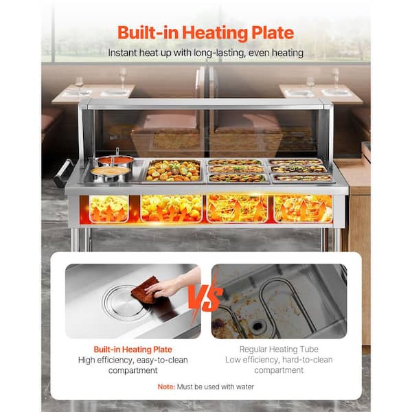 Commercial Food Warmer-Electric Steam Table with 7-Pans and 2-Pots. 1,800 Watt Power, Shield, Undershelf and Wheels
