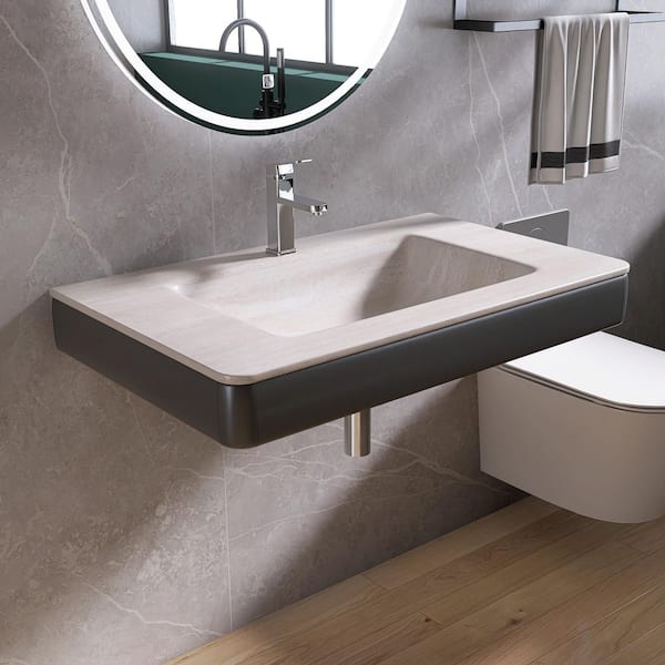 36 in. W x 22 in. D x 6 in. H Engineered Stone Limestone Plate Bathroom Wall-Mount Sink in Beige with Faucet Hole