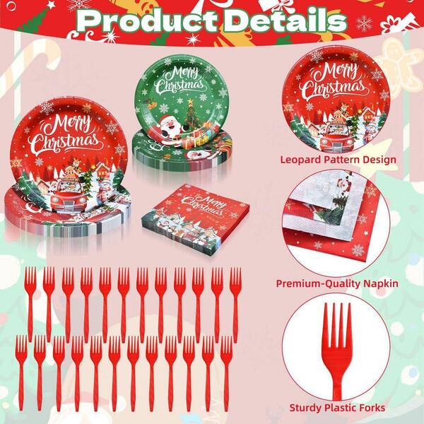 100Pcs Christmas Tableware Set w Santa Design, Disposable Paper