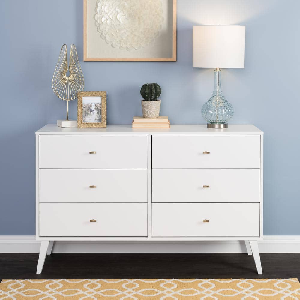 White Mid-Century 6-Drawer Double Dresser with Brass Knobs