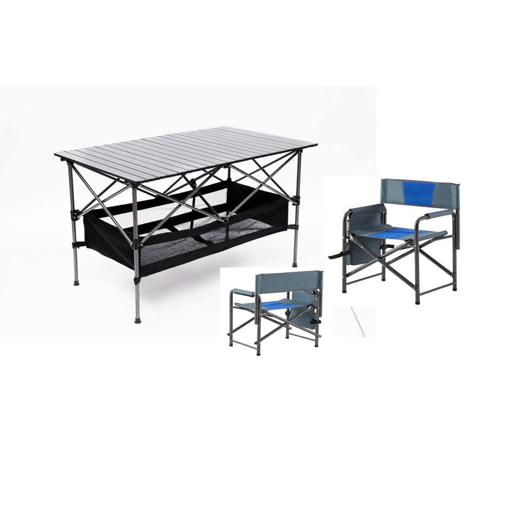 Blue Folding Outdoor Table and Chairs Set for Camping, Picnics, Beach, Back