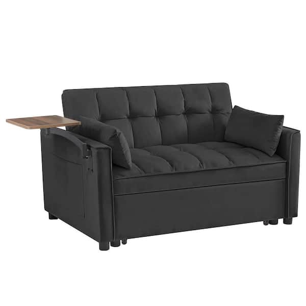 53 in. W 3-in-1 Convertible Velvet Sleeper Sofa Bed with 2 Pillows and Small Table, Black, 2-Seater Loveseat
