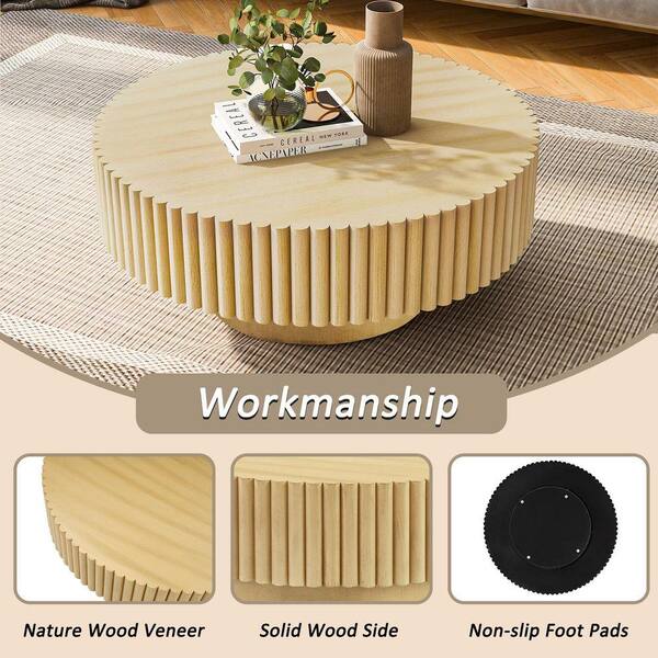 32 in. Natural Round Wood Coffee Table, Fluted Drum Tea Table