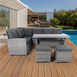 Gray 6-Piece Wicker Outdoor Sectional Set with Dark Gray Cushions and 2 Storage Under Seat