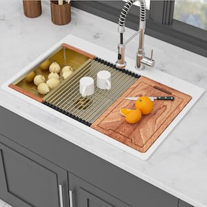 33 in. Drop-In Double Bowl(60/40) White Quartz Kitchen Sink with Workstation