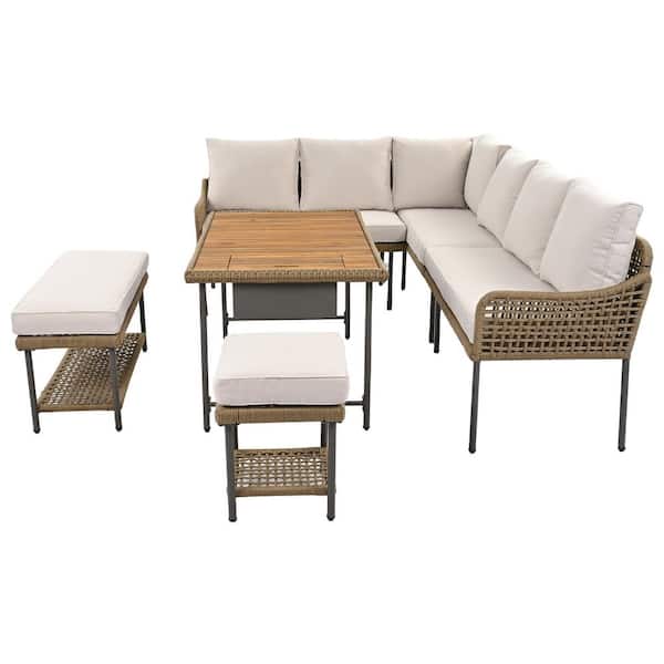 Daheat 6-Piece Patio Wicker Outdoor Conversation Sectional Beige Sofa set with Water Resistant, Thick Cushions and Coffee Table