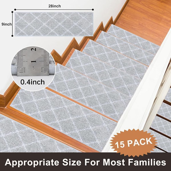 Grey [9 in. x 28 in.] Polyester Stair Tread Cover Set of 15 Non-Slip Soft Edging Stair Runner for Wooden Steps