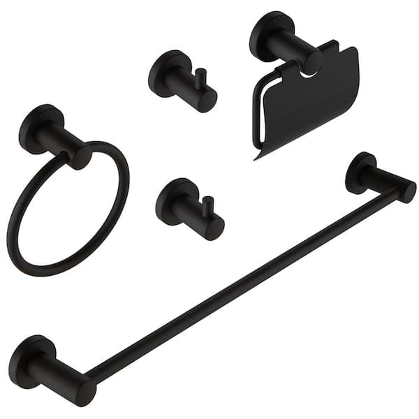 HOMEMYSTIQUE 5-Piece Bath Hardware Set with Towel Bar Towel Ring Towel Hook Toilet Paper Holder in Matte Black