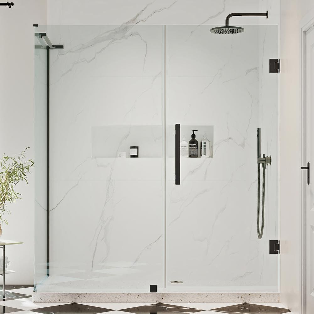 Tampa-Pro 59" Black Frameless Corner Shower Kit with Tempered Glass