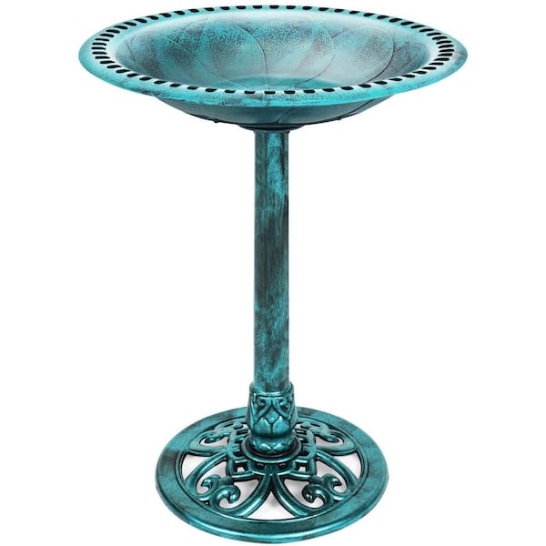 28 in. Resin Pedestal Bird Bath with Fleur-De-Lis Accents for Outdoor Garden Decoration, Green