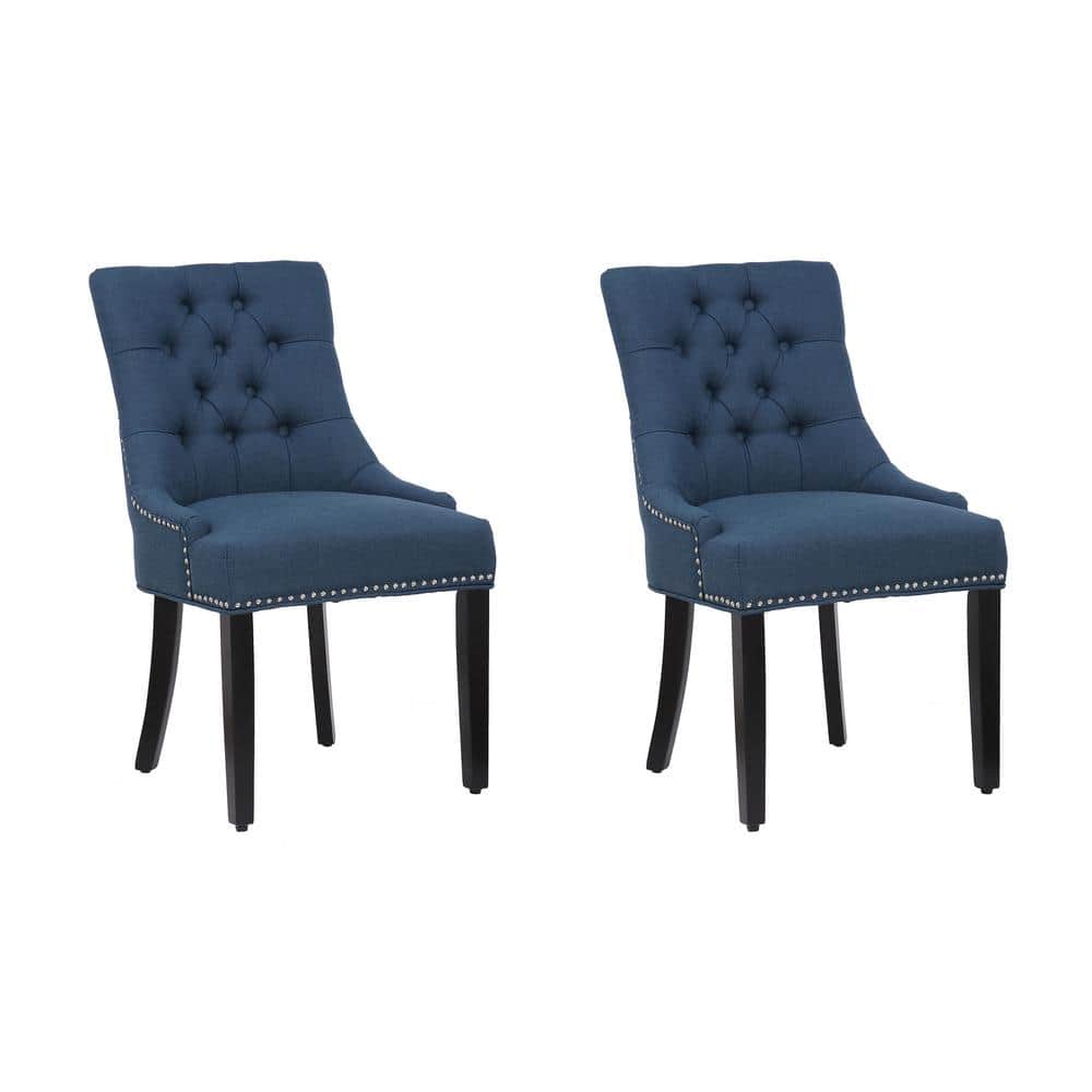 High Back Blue Linen Upholstered Wood Side Chair