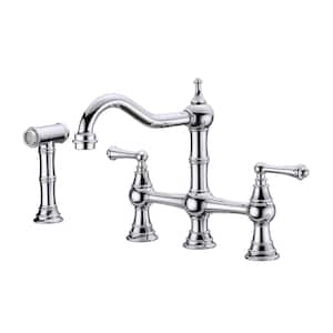 Double Handle 4 Holes Solid Brass Bridge Kitchen Faucet 1.2 GPM/4.5 LPM with Pull-Out Side Spray in Spot in Chrome