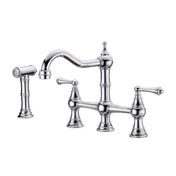 Unbranded Double Handle 4 Holes Solid Brass Bridge Kitchen Faucet 1.2 GPM/4.5 LPM with Pull-Out Side Spray in Spot in Chrome