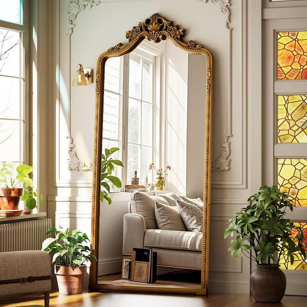Antique Gold 32 in. W x 71 in. H Arched PU Frame with Ornate Carved Decoration Full Length Mirror Floor Mirror
