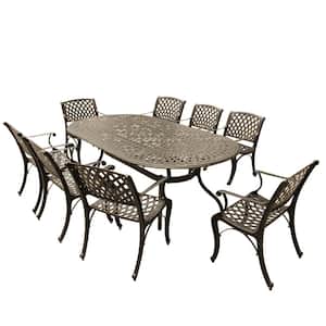 Contemporary Modern Mesh Lattice 9-Piece Bronze Aluminum Oval Outdoor Dining Set with 8-Arm Chairs