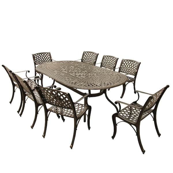 Unbranded Contemporary Modern Mesh Lattice 9-Piece Bronze Aluminum Oval Outdoor Dining Set with 8-Arm Chairs