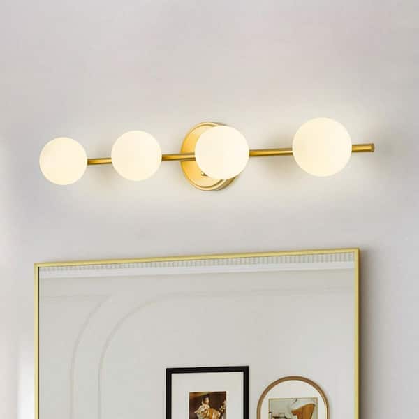 29.53 in. 4 Light Brass Modern Bathroom Vanity Light Fixture Wall Sconce, Mid Century Wall Mount with Milk Glass Shade