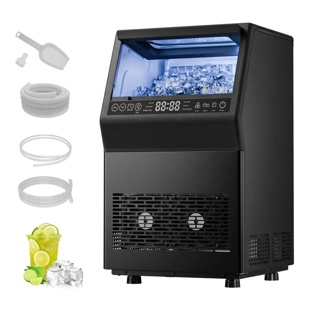 14.17 in. 80 lb. /24H Full Size Cubes Freestanding Commercial Ice Maker in Matte Black with Dual Water Supply Options