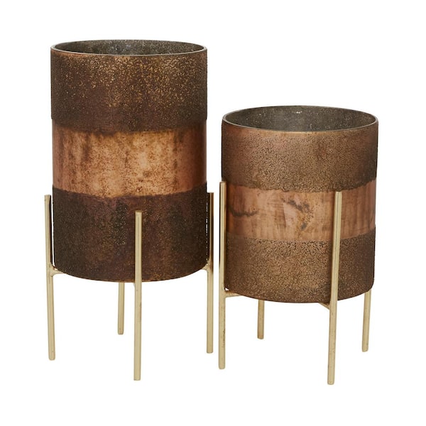 Litton Lane Brown Glass Pillar Hurricane Lamp (Set of 2)