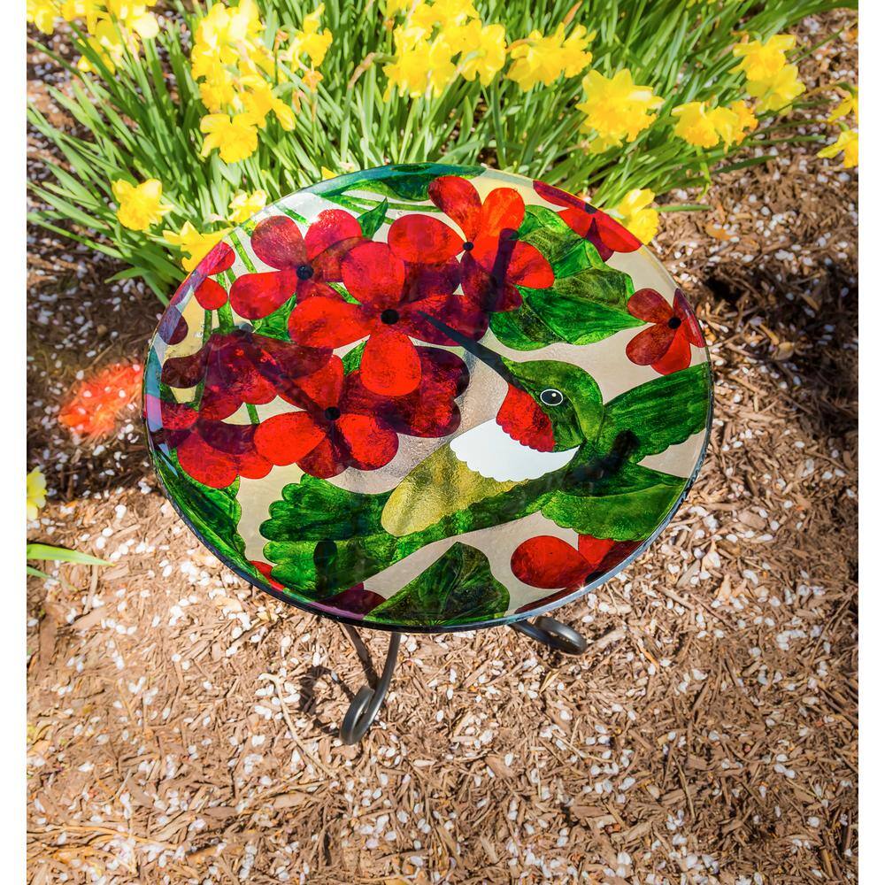 Hummingbird and Red Flower Glass Bird Bath with Stand
