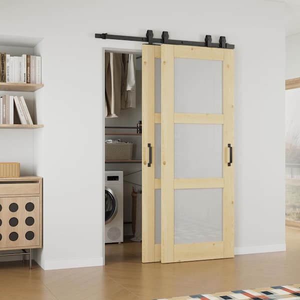 ARK DESIGN 52 in. x 80 in. 3-Lite Frosted Glass Unfinished Solid Core Pine Wood Sliding Barn Door with Hardware Kit Bypass