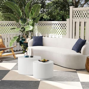 White 23.62 in. Nesting Table Handcrafted Relief MDF Outdoor Coffee Tables and 18.9 in. Small Side Table Set of 2