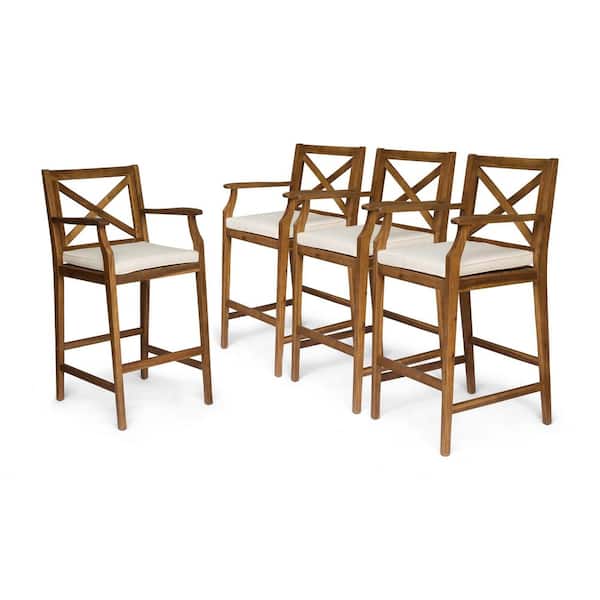 Perla Teak Brown Wood Outdoor Patio Bar Stool with Cream Cushion (4-Pack)