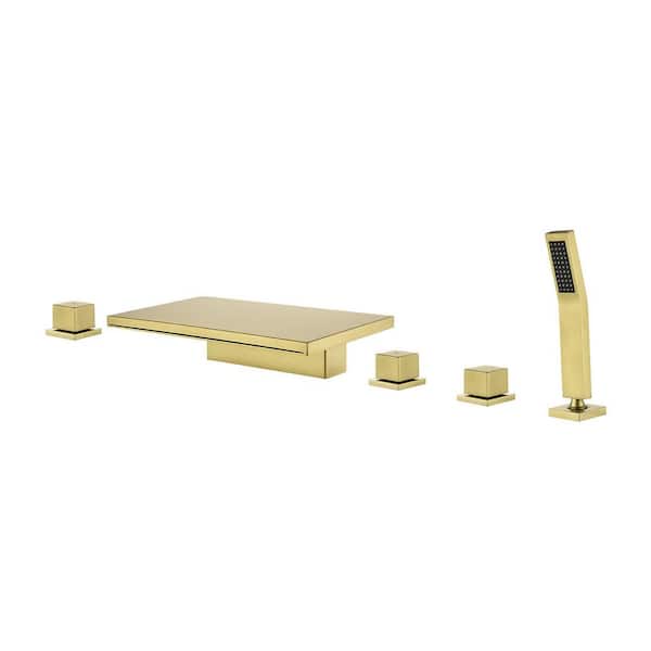 Single-Handle Tub Deck Mount Roman Tub Faucet with Hand Shower and Water Suply Hose in Brushed Gold