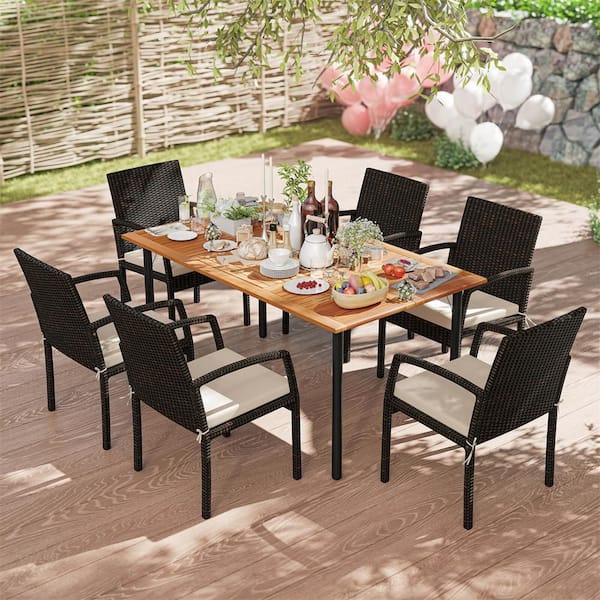 7-Piece Wicker Wood Rectangle 30 in. Outdoor Dining Set with White Cushions and Umbrella Hole