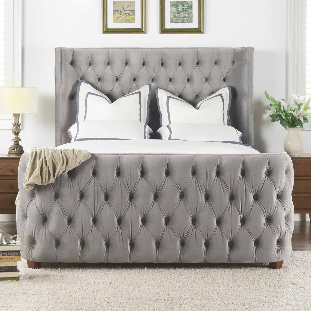 Brooklyn Queen Opal Grey Tufted Velvet Bed with Wingback