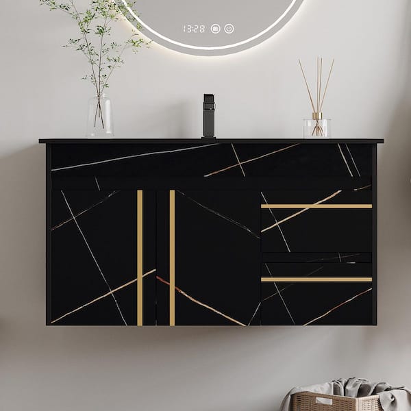 35 in. Single Sink Floating Black Bath Vanity with Black Faux Marble Top, 2 Soft-Close Drawers, Adjustable Pipe Length