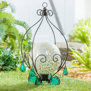 21 in. Metal Gazing Ball Hanging Holder with Blue Glass Tear Drops