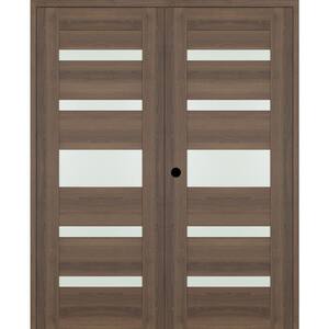 Vona 07-05 64 in. x 84 in. Right Active 5-Lite Frosted Glass Pecan Nutwood Wood Composite Double Prehung Interior Door