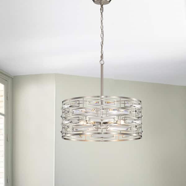 Jojospring Yolanda 6-Light Satin Nickel Clear Glass Prism Drum Shape Chandelier with No Bulbs Included
