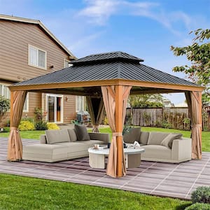 12 ft. x 14 ft. Wooden Coated Aluminum Frame Canopy with Galvanized Steel Double Roof(Wood-Looking)