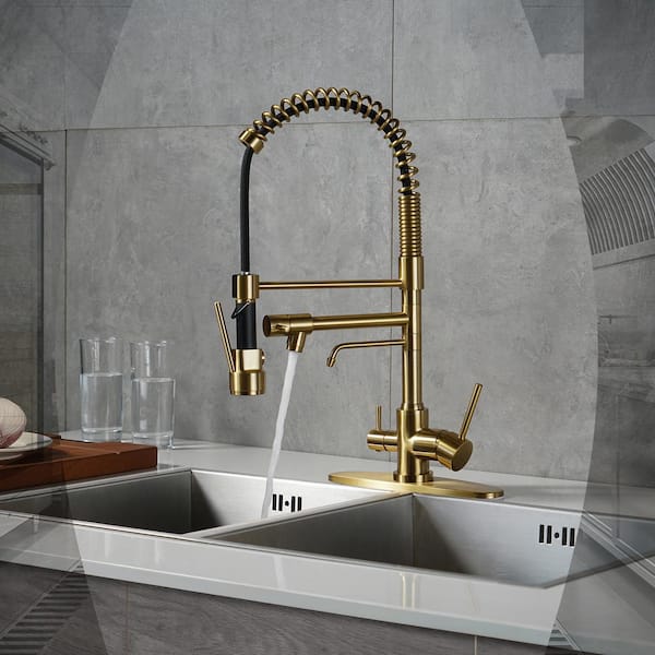 Spring Double Handle Pull Down Sprayer Kitchen Faucet with Drinking Water Outlet, Pot Filler Spray in Brushed Gold