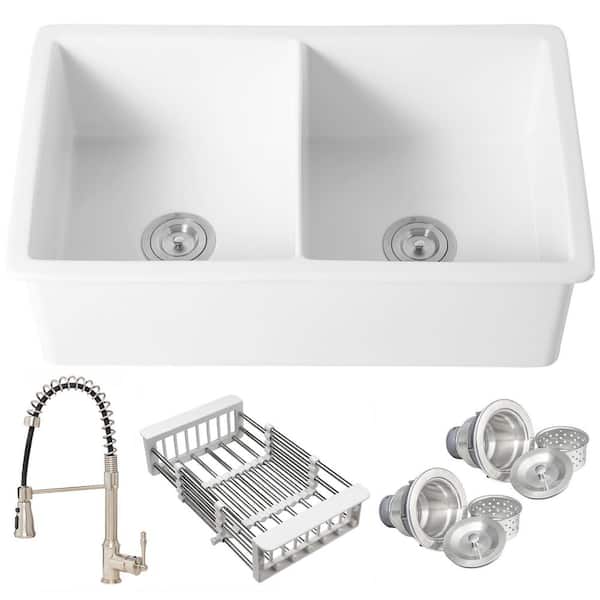 KS 32 in. Undermount Double Bowl White Fireclay Kitchen Sink with Faucets and Basket Strainer