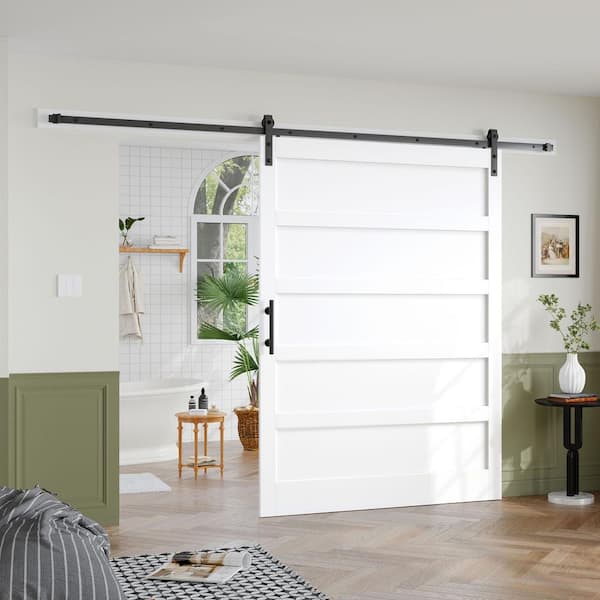 60 in. x 84 in. 5 Lite Manufactured Solid MDF Core White Finished Interior Sliding Barn Door with Hardware Kit