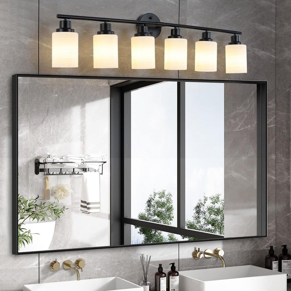 38 in Modern Black 6 Light Vanity Bathroom Mirror Light with Frosted White Glass Shades for Bedroom and Bathroom price history on PriceWatchPro