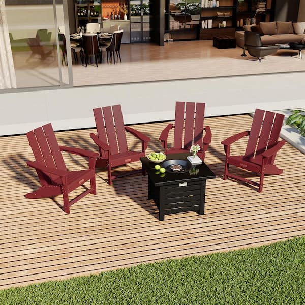 Boyel Living 5-Piece Plastic HDPE Adirondack Chairs Patio Conversation Set with 32 in. Propane Fire Pit Table(Black)