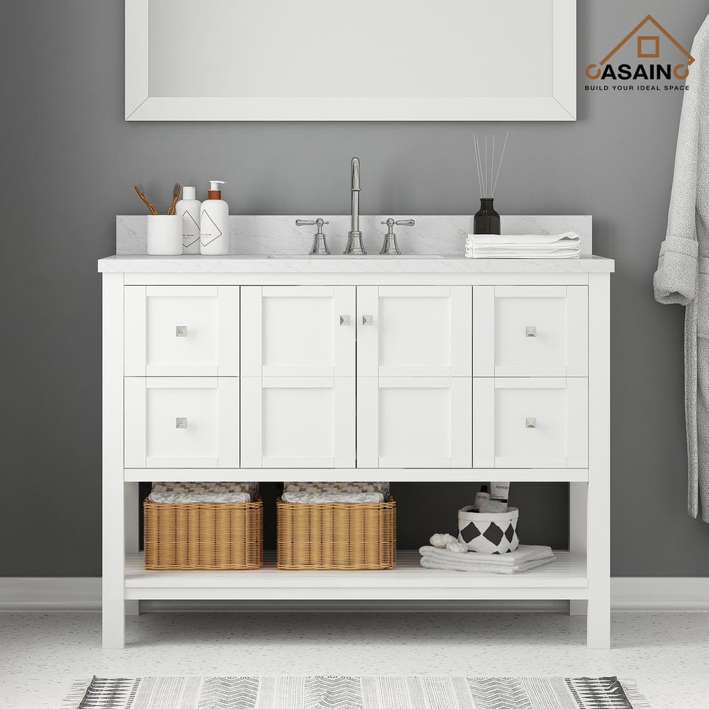 48 in. W x 22 in. D x 35.4 in. H Single Sink Solid Wood Bath Vanity in White with Carrara White Marble Top and Mirror