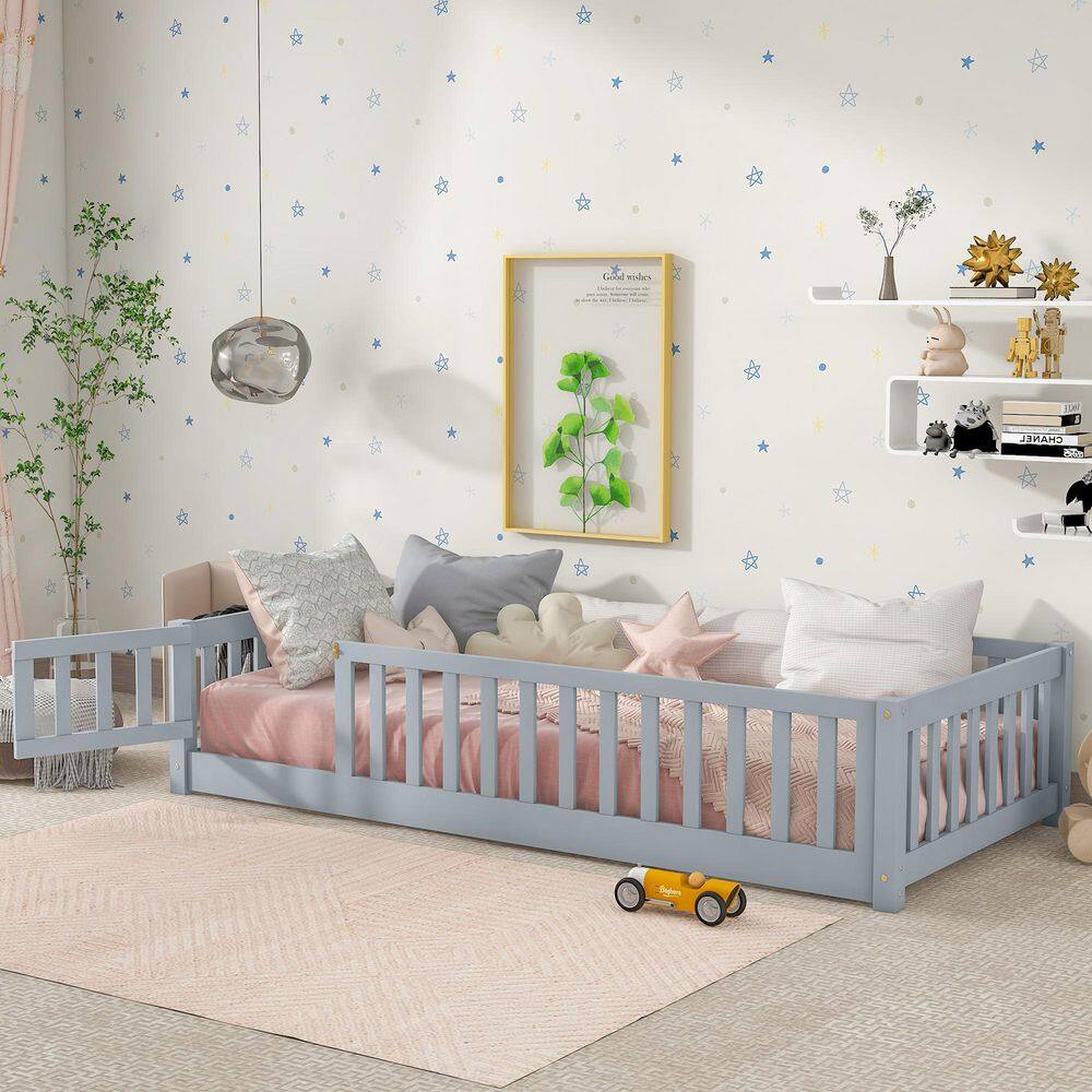 Gray Rubber Wood Frame Twin Size Platform Bed with Door and Safety Guardrails price history on PriceWatchPro