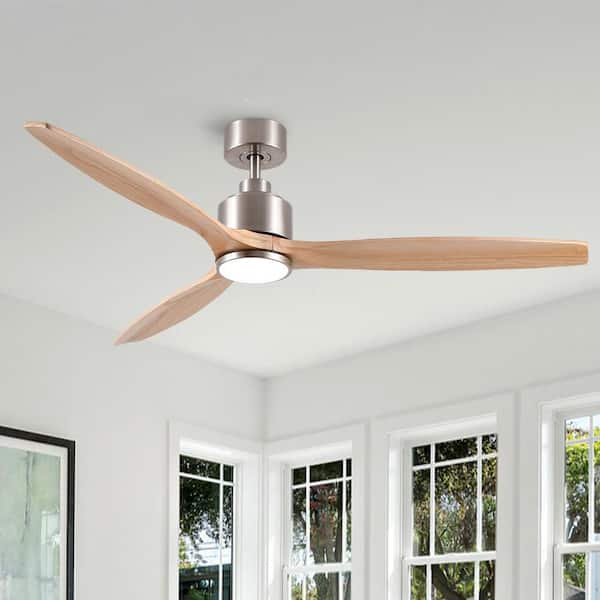 Farmhouse 60 in. Indoor Brushed Nickel Downrod Mount Ceiling Fan with 3 Solid Wood Blades, Dimmable LED Light and Remote