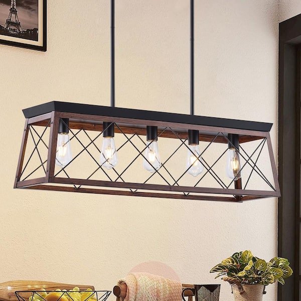 ZJVAIVE 5-Light Red Industrial Rectangle Hanging Linear Island Chandelier Lighting for Kitchen Island