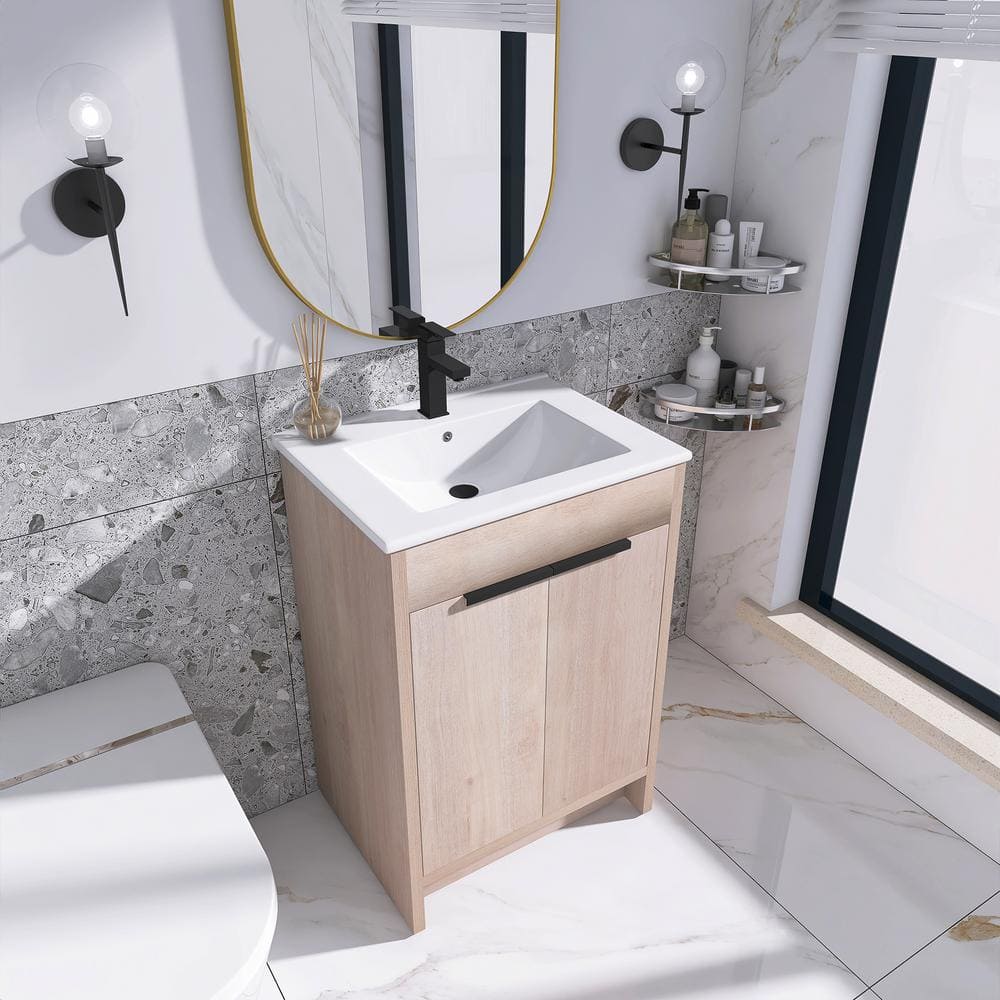 Freestanding Light Oak Plywood Bathroom Vanity with White Ceramic Sink