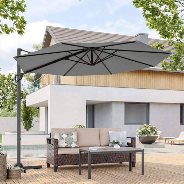 Sonkuki 10 ft. Round 360-Degree Rotation Cantilever Offset Outdoor Patio Umbrella in Gray