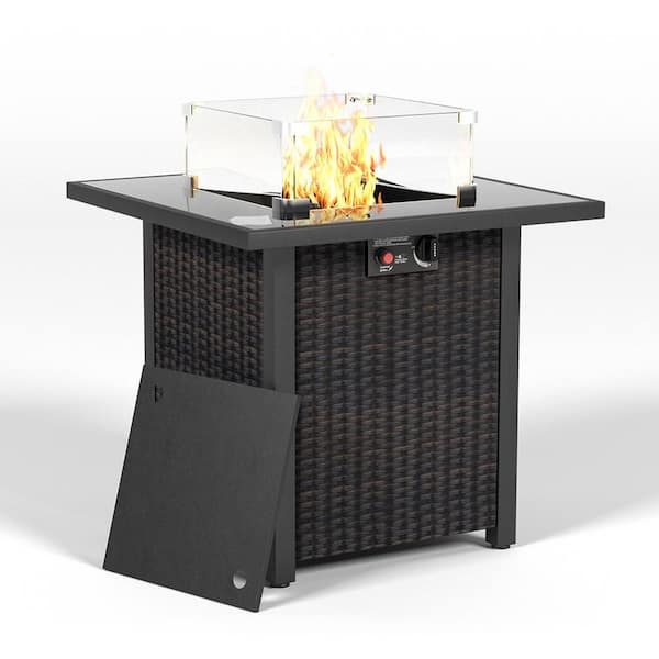 Unbranded 28 in. Propane Grey Fire Pit Table, Rattan and Wicker 50000 BTU Gas Firepits with Glass Windscreen Protector