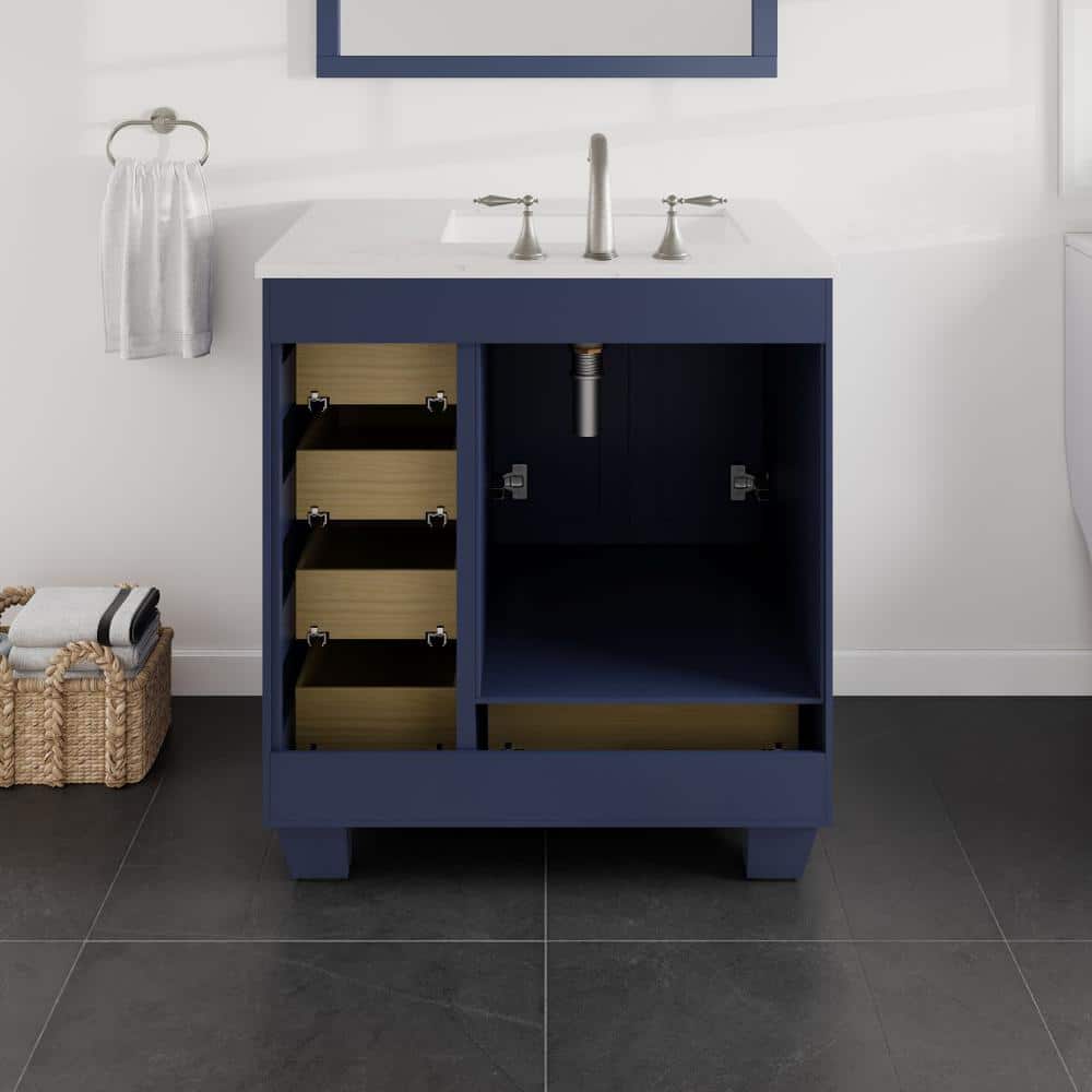 Blue Solid Wood 30" Bathroom Vanity with Carrara Quartz Top