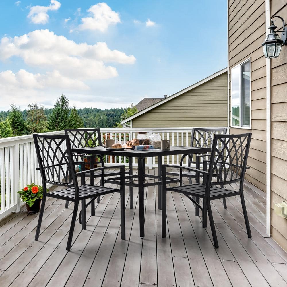 Modern Black Iron 5-Piece Outdoor Dining Set with Square Table