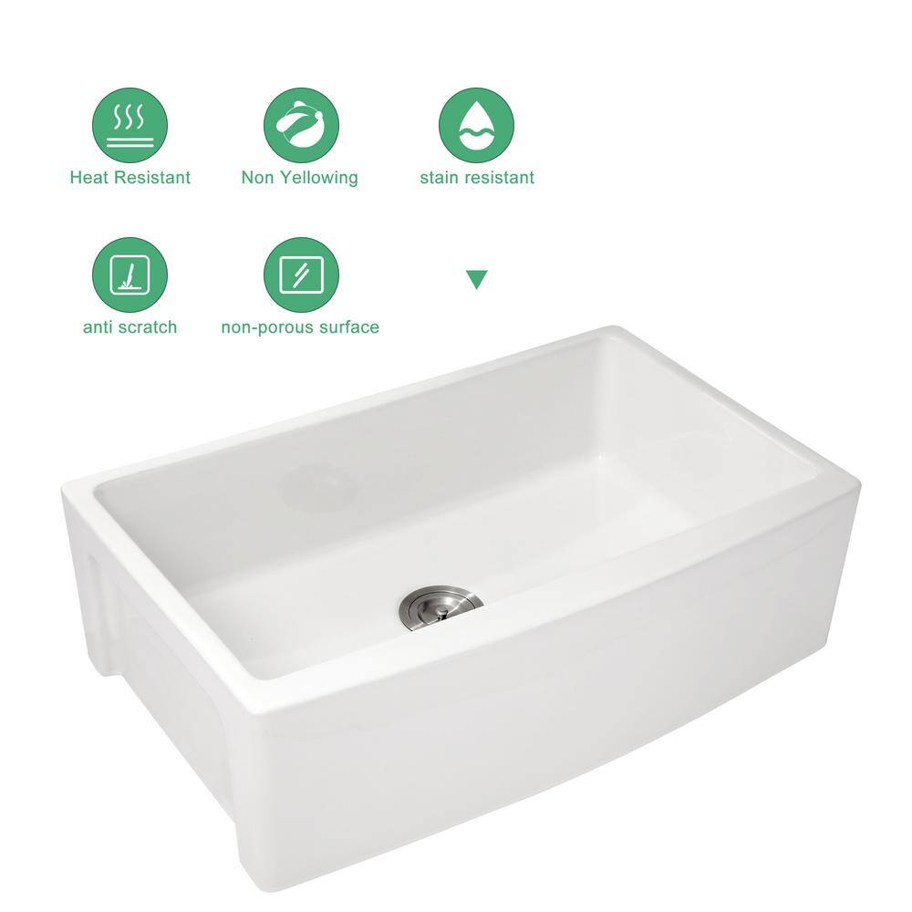30'' Glossy White Ceramic Farmhouse Apron-Front Single Bowl Kitchen Sink